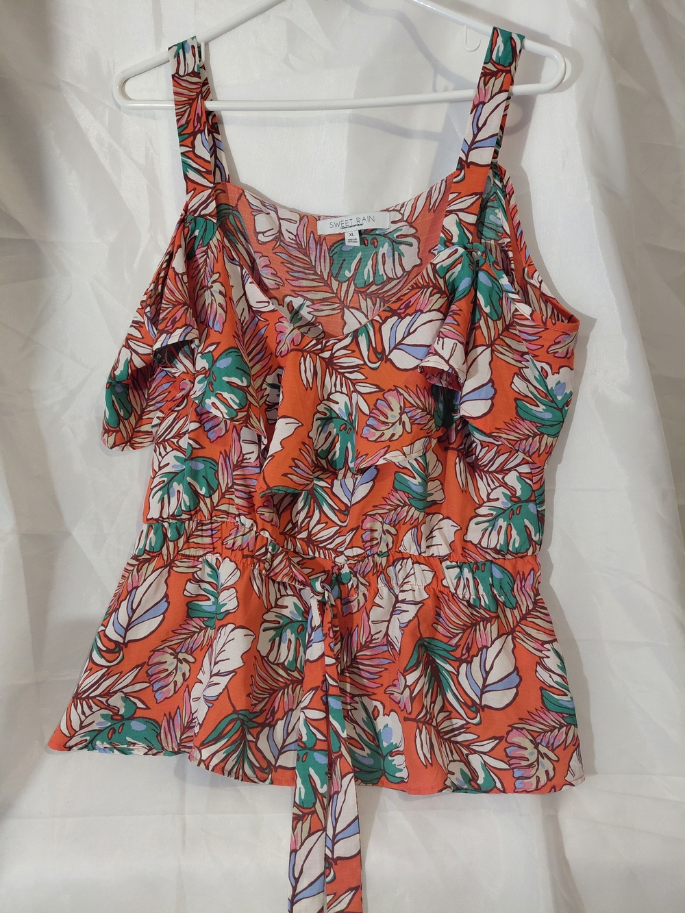 Sweet Rain Orange Tropical Print Ruffle Tank Top